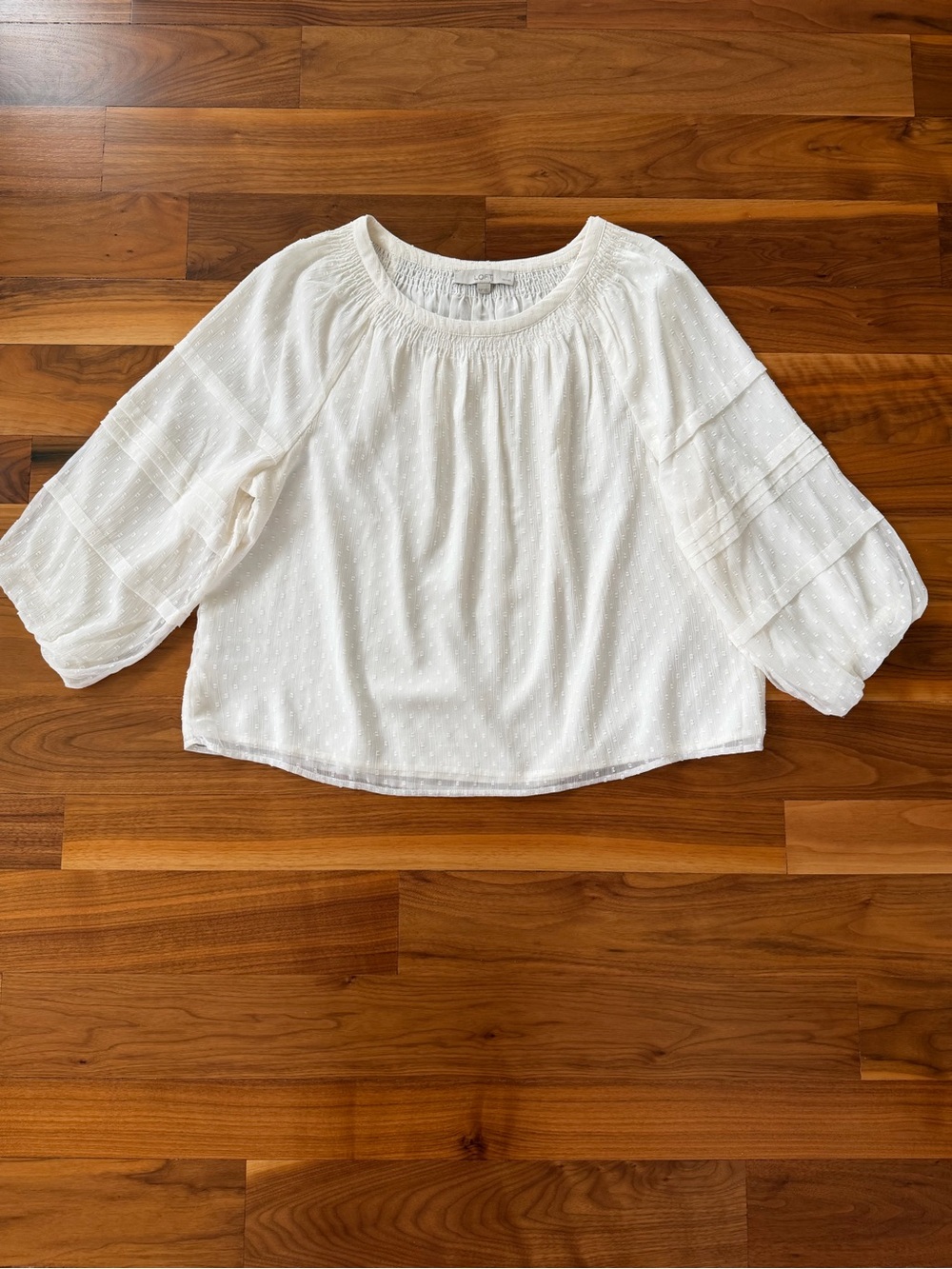 LOFT Ivory White Swiss Dot Smocked Peasant Blouse Tiered Balloon Sleeve Size XLP